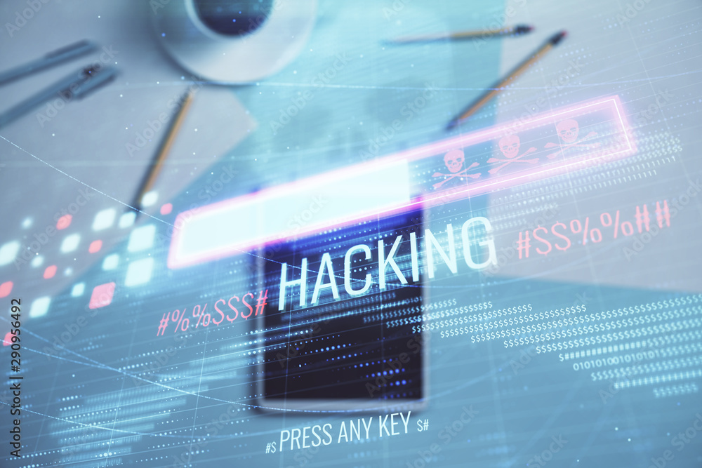 Poster double exposure of hacking theme drawing on digital tablet, table background. concept of data securi