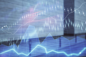 Double exposure of stock market graph on empty exterior background. Concept of analysis