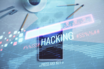 Double exposure of hacking theme drawing on digital tablet, table background. Concept of data securitization