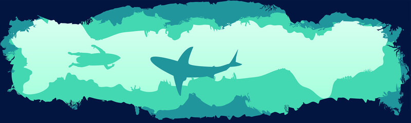 Silhouette of a surfer and a shark on the background of reefs. Underwater ocean scene. Deep blue water, coral reef, deep hole seascape