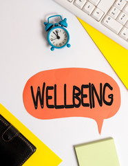 Word writing text Wellbeing. Business photo showcasing A good or satisfactory condition of existence including health Flat lay with copy space on bubble paper clock and paper clips