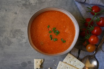 Homemade tomato Gazpacho served in a bowl, selective focus