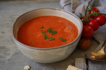 Homemade tomato Gazpacho served in a bowl, selective focus