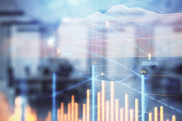 Stock market chart with trading desk bank office interior on background. Double exposure. Concept of financial analysis
