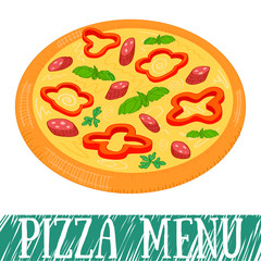 Pizza, italian cuisine. Vector illustration of pizza isolated on the white background. Colorful cover image for pizzeria.