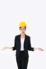 Comparison concept. asian young engineer woman Bad mood, not happy Yellow Safety helmet. displaying something on both flat hands for similar choice of product a copy space isolated on white background