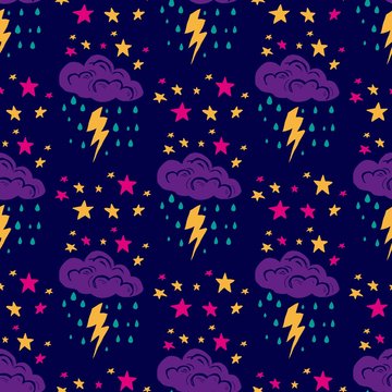 Seamless pattern in the form of thunderstorms. Seamless pattern with storm cloud, lightning, raindrops and stars. Bright and modern design. Decorative illustration, good for printing. 