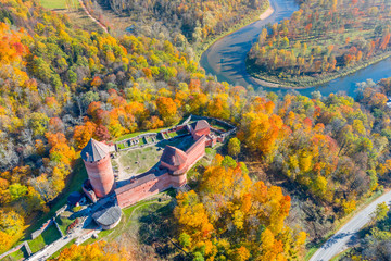 Amazing Aerial View over the Turaida Castle during Golden Hours, Sunset Time, Sigulda, Latvia, Touristic Place, Beautiful Wallpaper - Image