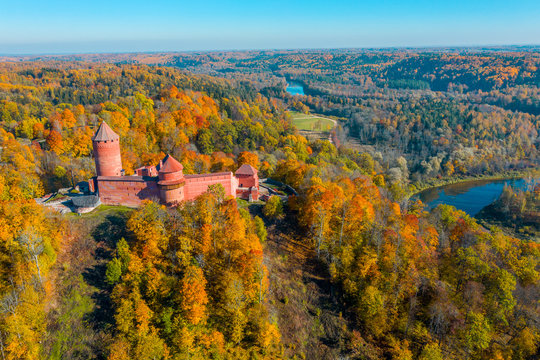 Amazing Aerial View over the Turaida Castle during Golden Hours, Sunset Time, Sigulda, Latvia, Touristic Place, Beautiful Wallpaper - Image