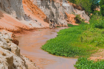 Back view of tourists walk on feet in the Red Stream ( it also named Fairy Stream) with Beautiful scenic landscape with red river, sand dunes and jungle. Tropical oasis scenery in Vietnam.
