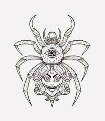 spider with a woman's face, tattoo, print on t-shirt