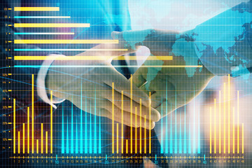 Double exposure of financial chart and world map on cityscape background with two businessmen handshake. Concept of international investment
