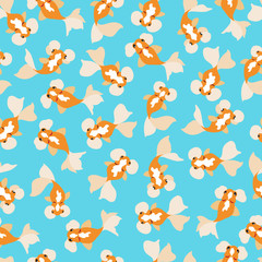 Goldfish seamless pattern on blue background. 