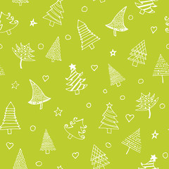 Doodle Christmas trees icons seamless pattern on a green background. Cute Christmas trees with snow, snowflakes, hearts, stars in cartoon style. Gift wrap. Gift package. Stationery, invitations, cards