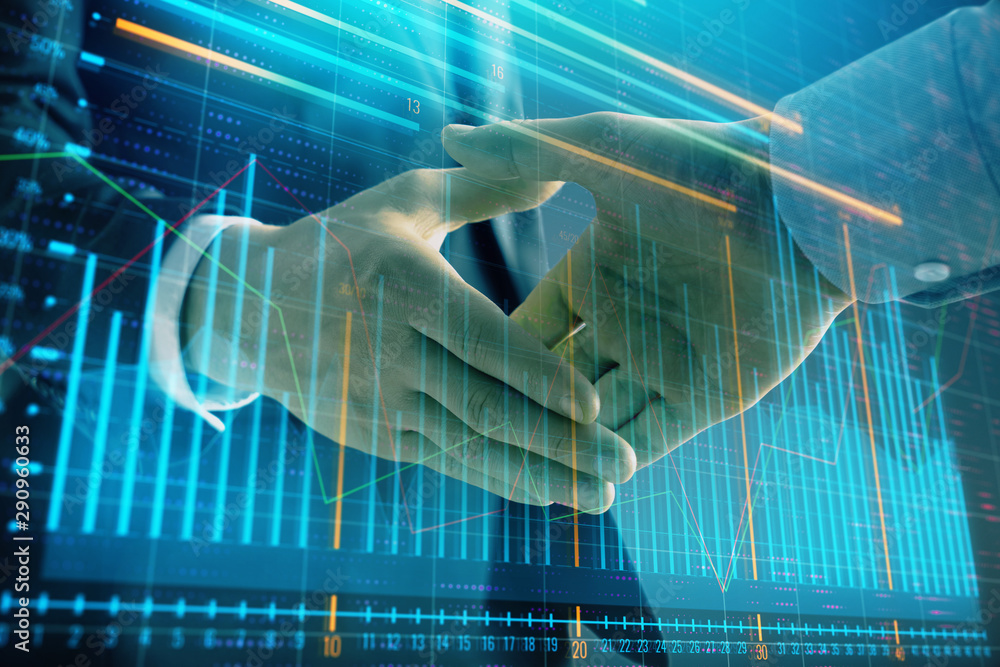 Aufkleber multi exposure of forex graph on abstract background with two businessmen handshake. concept of succ