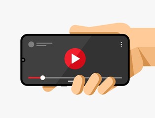 Smartphone mockup in human hand. Video player application. Play, pause, slider button. EPS10 Vector