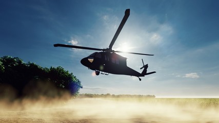 Fototapeta na wymiar A Blackhawk military helicopter lands on a dusty road on a clear day in a deserted area. 3D Rendering
