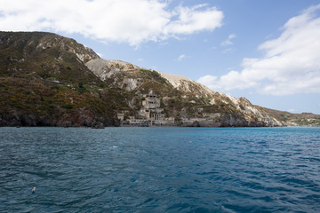 Fototapeta na wymiar Yacht Life: view of Lipari Island, of the Aeolian Islands, from a luxury private yacht