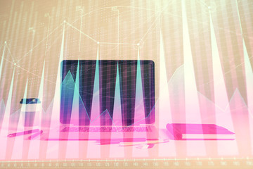 Forex graph hologram with desktop office computer background. Double exposure. Concept of financial analysis.