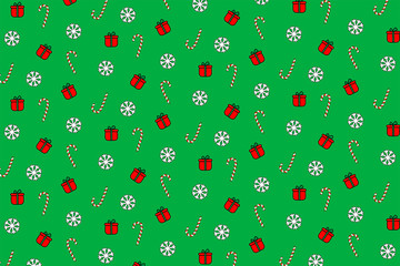 Seamless pattern with christmas candies, snowflakes and gifts. Hand drawn doodle style. Isolated on green background. Perfect for wrapping paper, wallpaper, fabric print. Vector.