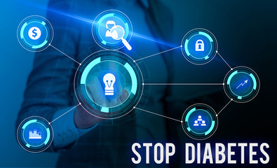 Conceptual hand writing showing Stop Diabetes. Concept meaning Blood Sugar Level is higher than normal Inject Insulin Woman wear work suit presenting presentation smart device