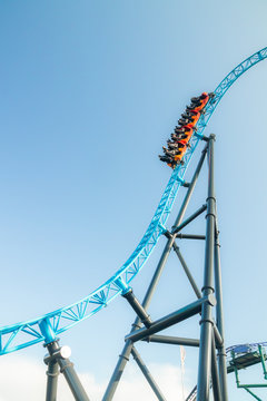 Helsinki, Finland - 14 September 2019: Linnanmaki amusement park, new roller coaster Taiga in motion