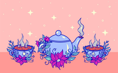 teapot with cups and flowers