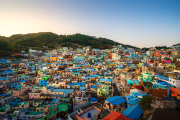 Fototapeta premium Panorama view of Gamcheon Culture Village located in Busan city of South Korea. Tourism, summer holiday, or sightseeing Busan landmark concept