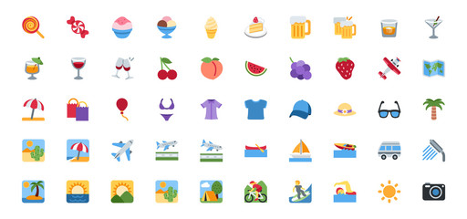 Beach, summer traveling icons set. Swimming, diving, exotic recreation vector illustration symbols set collection.