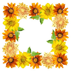 Beautiful floral pattern of gazania, sunflower and chrysanthemum. Isolated