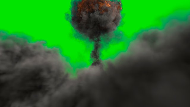 The Explosion Of A Nuclear Bomb. Realistic Atomic Bomb Explosion With Fire, Smoke And Mushroom Cloud In Front Of A Green Screen. 3D Rendering