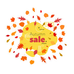 Promotional banner in memphis style with text autumn sale, fall advertising template. Stock vector