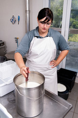 Cheesemaker cuts curdled milk