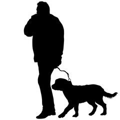 Silhouette of man and dog on a white background