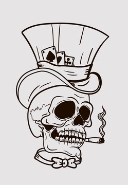 skull in top hat with bow tie and cigarette
