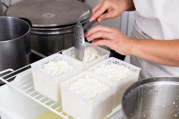 Cheesemaker pours the curdled milk into the plastic forms