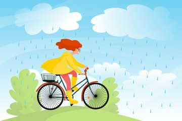 Fototapeta premium Beautiful girl in yellow raincoat rides bicycle in nature under rain, bike travel in a park. Stock vector illustration.