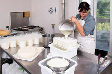 Cheesemaker pours the curdled milk into the plastic forms