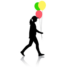 Silhouette of a girl with balloons in hand on a white background