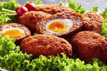 scotch eggs with runny yolk, top view