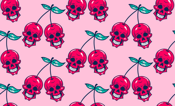 Seamless Pattern Sweet Cherry Skull