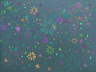 Abstract winter gray background with falling colorful snowflakes. Vector illustration for winter, New Year, Christmas design