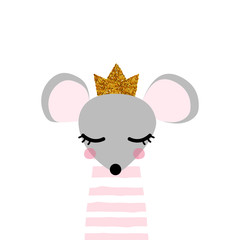 Cute mouse princess with gold sequin crown. Kids trendy print. Vector hand drawn illustration.
