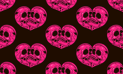 seamless pattern heart with skulls - obrazy, fototapety, plakaty