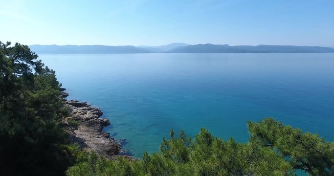 Drone Passing Between Pine Trees and Turquoise Coast