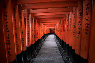 Interior of a votive tunnel made of a number of red wooden torii engraved with black kanji prayers
