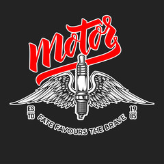 Motor. Emblem template with winged electric spark plug. Design element for poster, logo, label,...