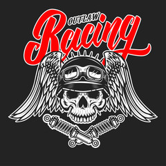 Outlaw racing. Emblem template with skull in racer helmet. Design element for poster, logo, label,...