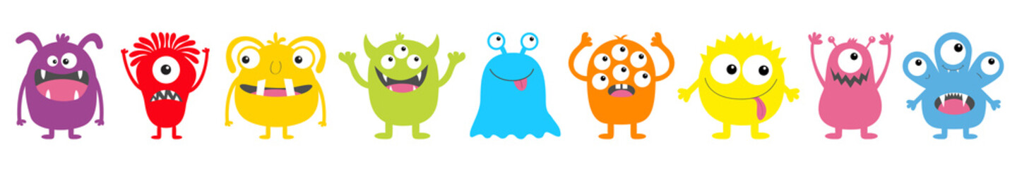 Monster colorful round silhouette icon set line. Happy Halloween. Eyes, tongue, tooth fang, hands up. Cute cartoon kawaii scary funny baby character. White background. Flat design.