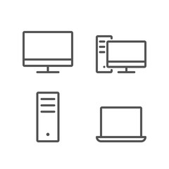 Simple set of computer outline icons: pc monitor, system unit (case), laptop. Editable Stroke. Pixel Perfect. Line vector illustration. Eps10.